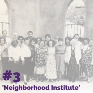 A faded image in background with text overlaid reading: "#3: 'Neighborhood Institute'"