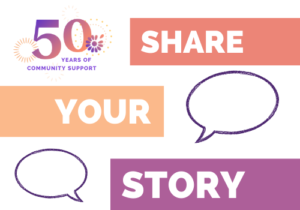 Graphic with white background and the words "Share Your Story" in different colors